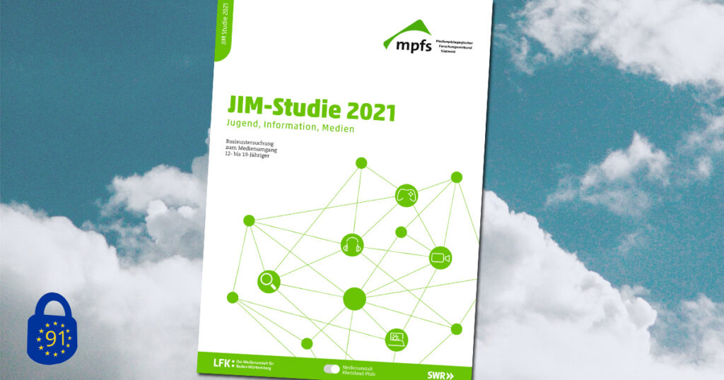 Das Cover der aktuellen JIM-Studie zeigt ein Netzwerk aus Mediensymbolen: Controller einer Konsole, Kopfhörer, Kamera, Lupe.