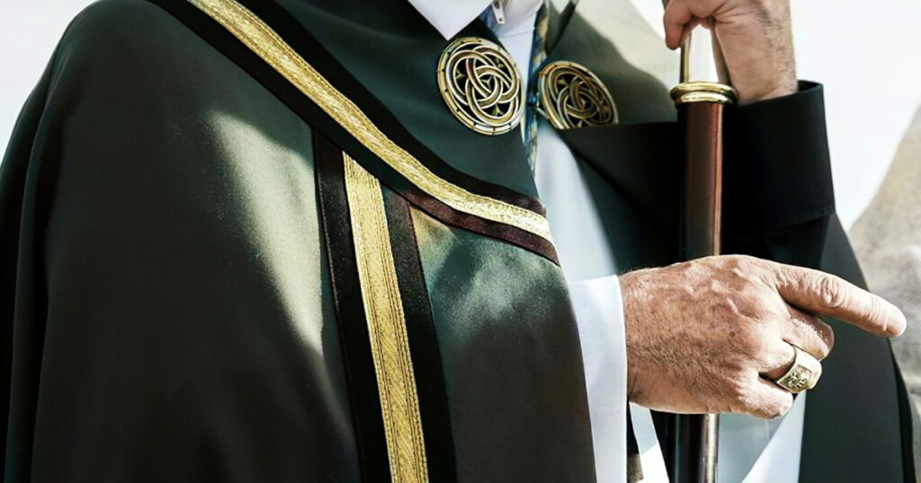 Brustbild eines Bischofs, der mit seinem rechten Zeigefinger auf etwas zeigt.