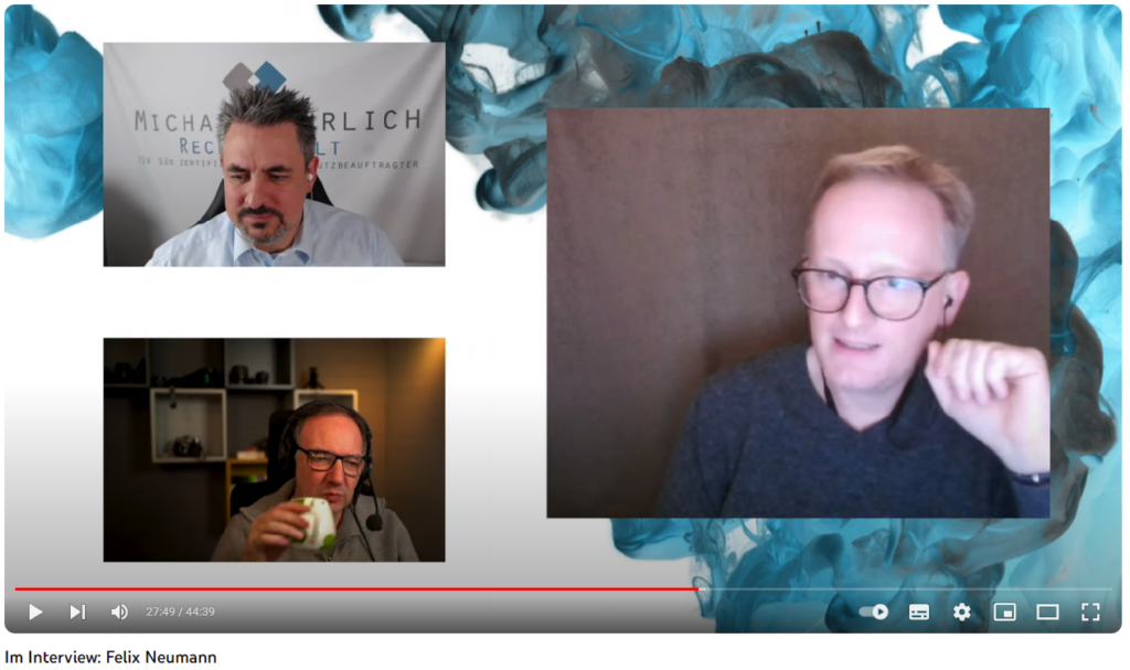 Screenshot aus dem Video (im Uhrzeigersinn von links oben: Michael Rohrlich, Felix Neumann und Marc Oliver Thoma)