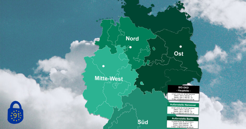 Deutschlandkarte mit den Zuständigkeitsbereichen des BfD EKD – der bisherige Zuständigkeitsbereich des DSBKD ist komplett in der Region Ost aufgegangen. (Karte: BfD EKD)